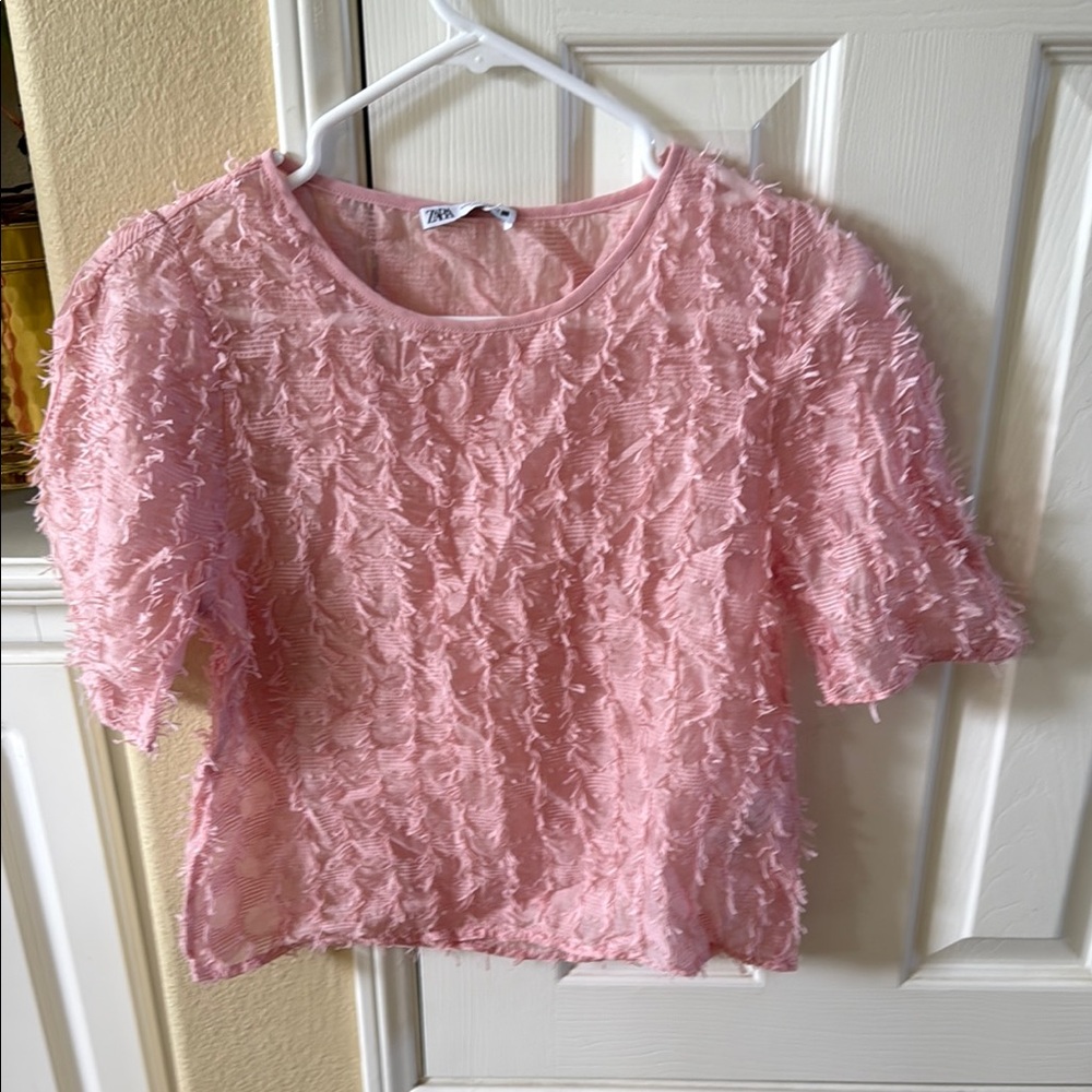 Zara Pink Textured eyelashes/frays Women's Top